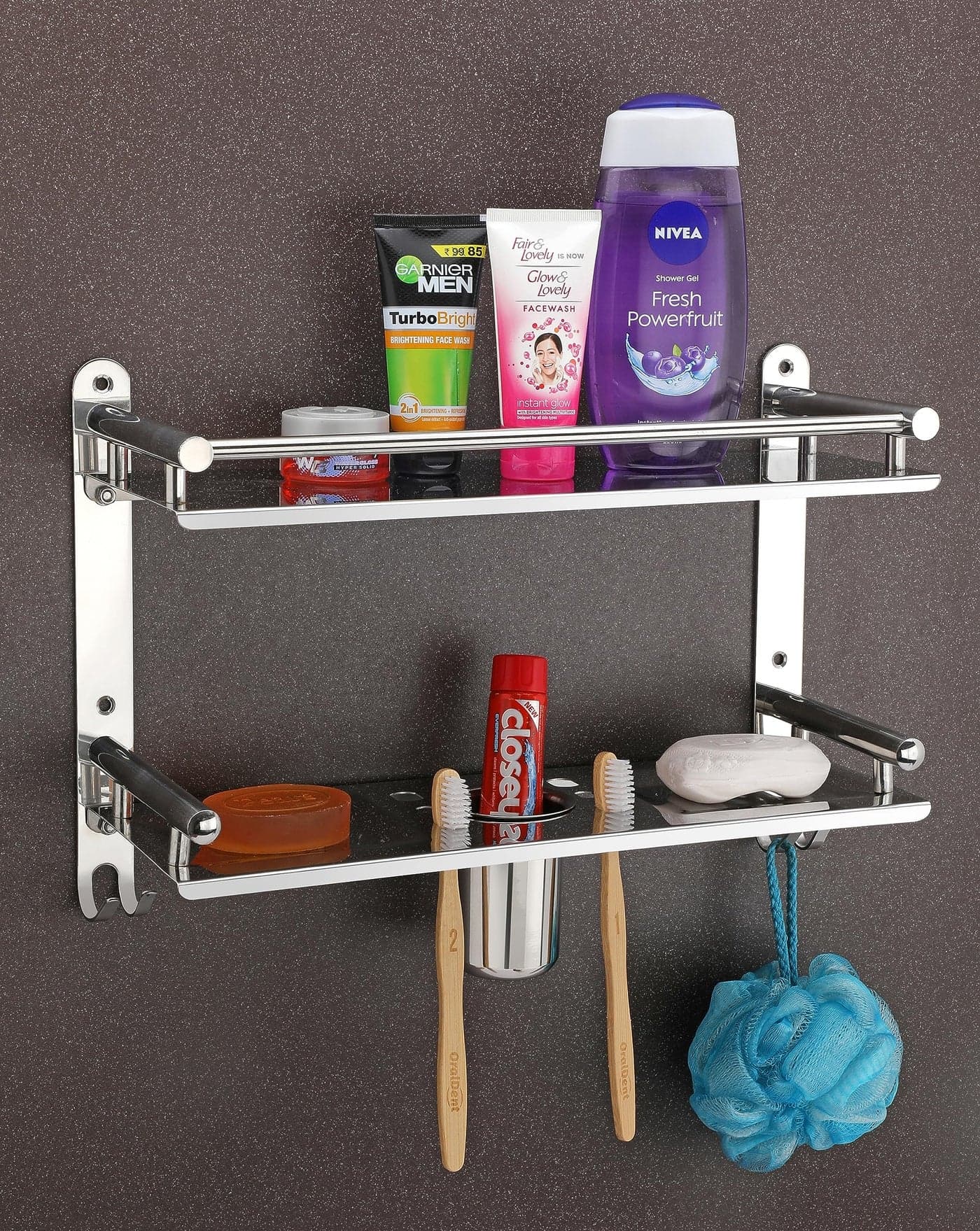 iSTAR Multi use Rack Stainless Steel Bathroom Shelf/Kitchen Shelf with Wall Storage Organizer with Double Soap Dish and Tumbler Holder Soap Holder Toothbrush Holder