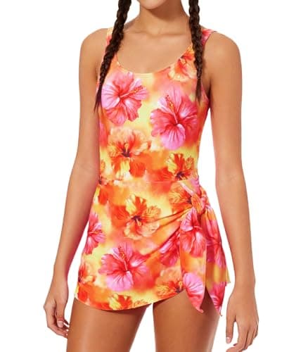 Cuddomper Girl Swimsuit One Piece Swim Dress Floral Hibiscus Adjustable Straps Bathing Suit with Pad Vacation Beach Modest Swimwear Size 13-14