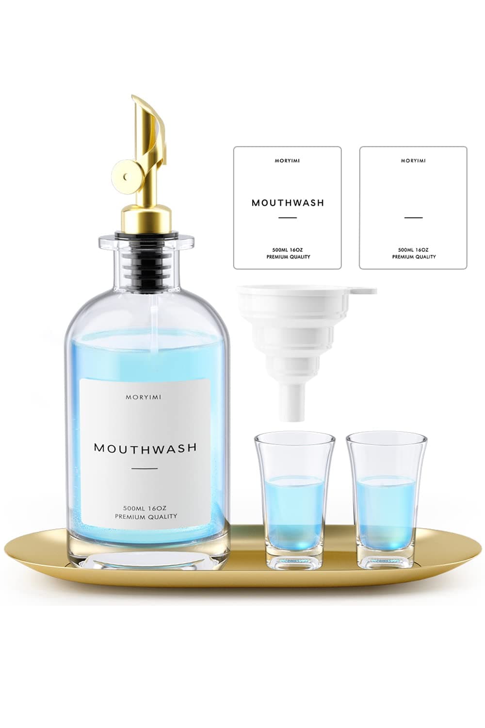 Moryimi Mouthwash Dispenser, 16oz Glass Mouthwash Decanter for Bathroom, Mouth Wash Container Mouthwash Bottle with Pour Spout, Reusable Mouthwash Dispenser Set with Cups and Gold Tray