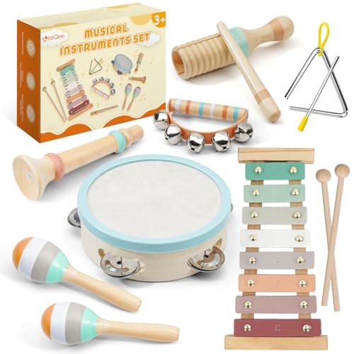 LeeQee Montessori Toys for 1 2 3 Year Old Wooden Toys Baby Musical Instruments Neutral Colors Percussion Instruments Set with Modern Boho Xylophone for Toddlers 3 Music Education