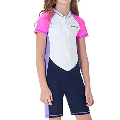MIENOE Teen Girls One Piece Swimsuit Kid Girls' Water Sport Short Swimsuit UPF 50+ Sun Protection Bathing Suits (Size 12-14Years, White)