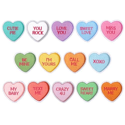 JarThenaAMCS 14 Pcs Valentine’s Day Iron-On Sew-On Patches Colorful Conversation Heart Heat Transfer Iron Patches Embroidered Cloth Patches Iron on Patterns for DIY Crafts Clothing Fabric