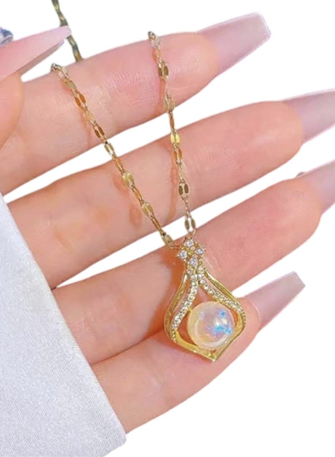 Elegant Women's Necklace Made of Stainless Steel, Decorated with Artificial Beads and Geometric Rhinestones for Daily Use