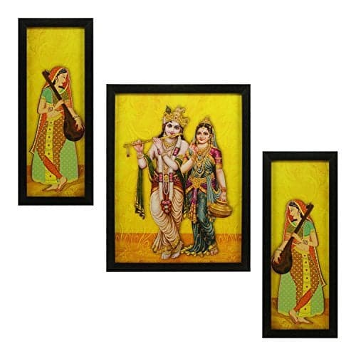 Indianara 3 PC Set of Radha Krishna Paintings (1059) Without Glass 5.2 X 12.5, 9.5 X 12.5, 5.2 X 12.5 inch