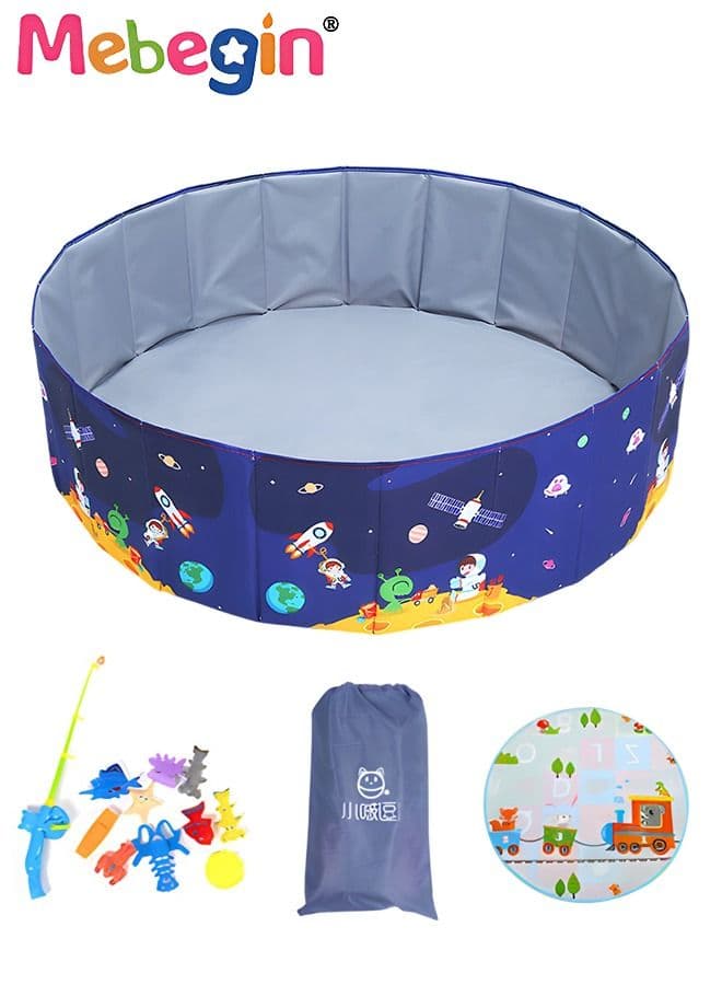 Kids Round Ball Pit, Foldable Pool Set with 11 Pieces Fishing Toy, Creeping Mat and 1 Storage Bag, Portable Pet Pool with Space-themed Patterns, Easy to Storage and Carry, Space for Kids and Pets to Play, 100*35cm