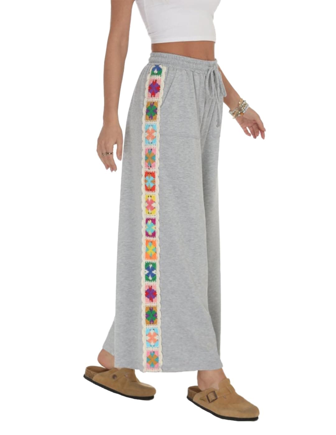 Fenclushy Womens Wide Leg Pants Stretch Casual Drawstring Waist Pants Loose Lounge Sweatpants Crochet Panel Pants with Pockets(Grey,XL)