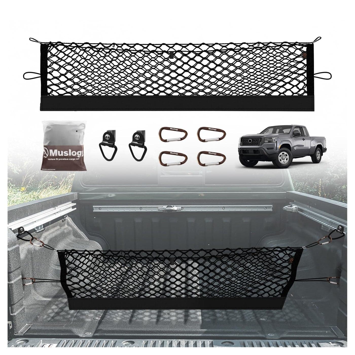 Muslogy Truck Bed Cargo Net Compatible with Nissan Frontier 20222025 2026 Accessories Storage Organizer Pickup Truck Bed Envelope Style Cargo Net with Heavy Duty Carabiners 12