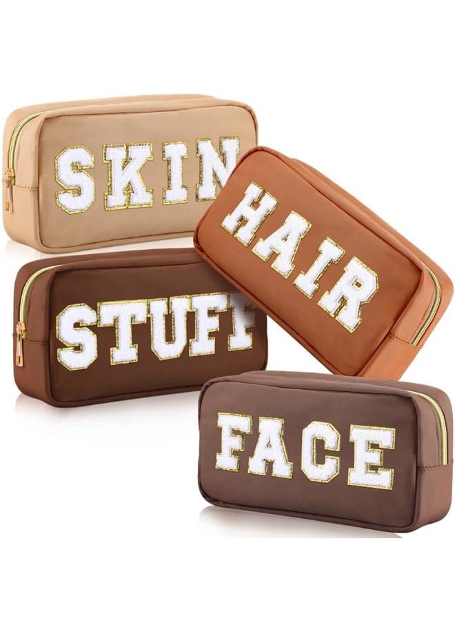 4 PCS Nylon Cosmetic Bags Waterproof Spacious Travel Makeup Organizer for Women Chenille Letter Preppy Zipper Pouch Face Stuff Skin Hair Organizer Gift, Brown Series, Pouch