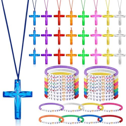 Equsion 48 Pcs Cross Necklaces Christian Religious Easter Party Favors Include 24 Plastic Crystal Cross Necklace DIY Craft Gifts with 24 Bracelet for Easter Vacation Bible Prize FavorJesus Loves You