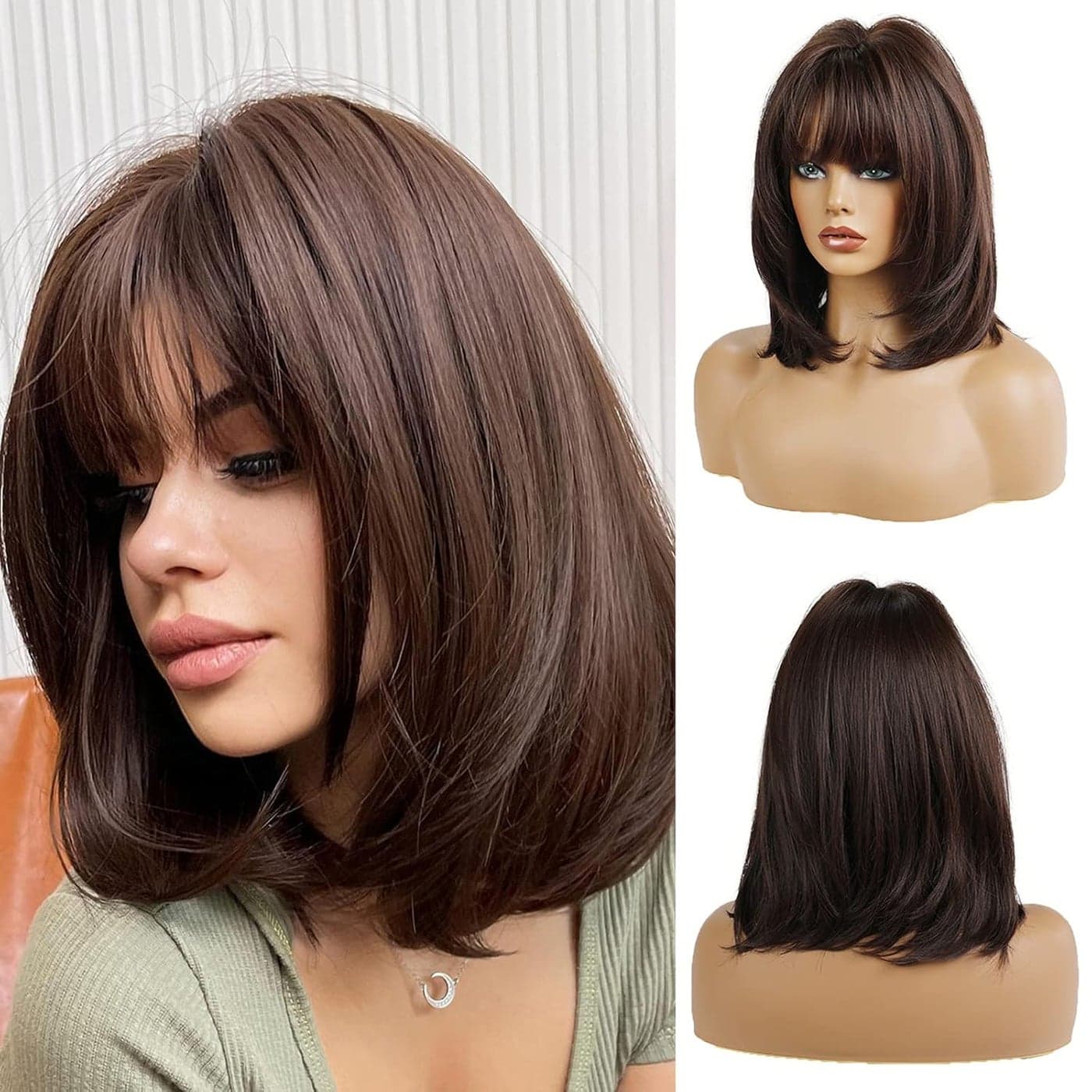 14 Inches Short Dark Brown Bob Wigs Straight with Bangs Slightly Curved Hair Ends Synthetic Hair Cosplay Daily Party Wig for Women Natural As Real Hair Free Wig Cap