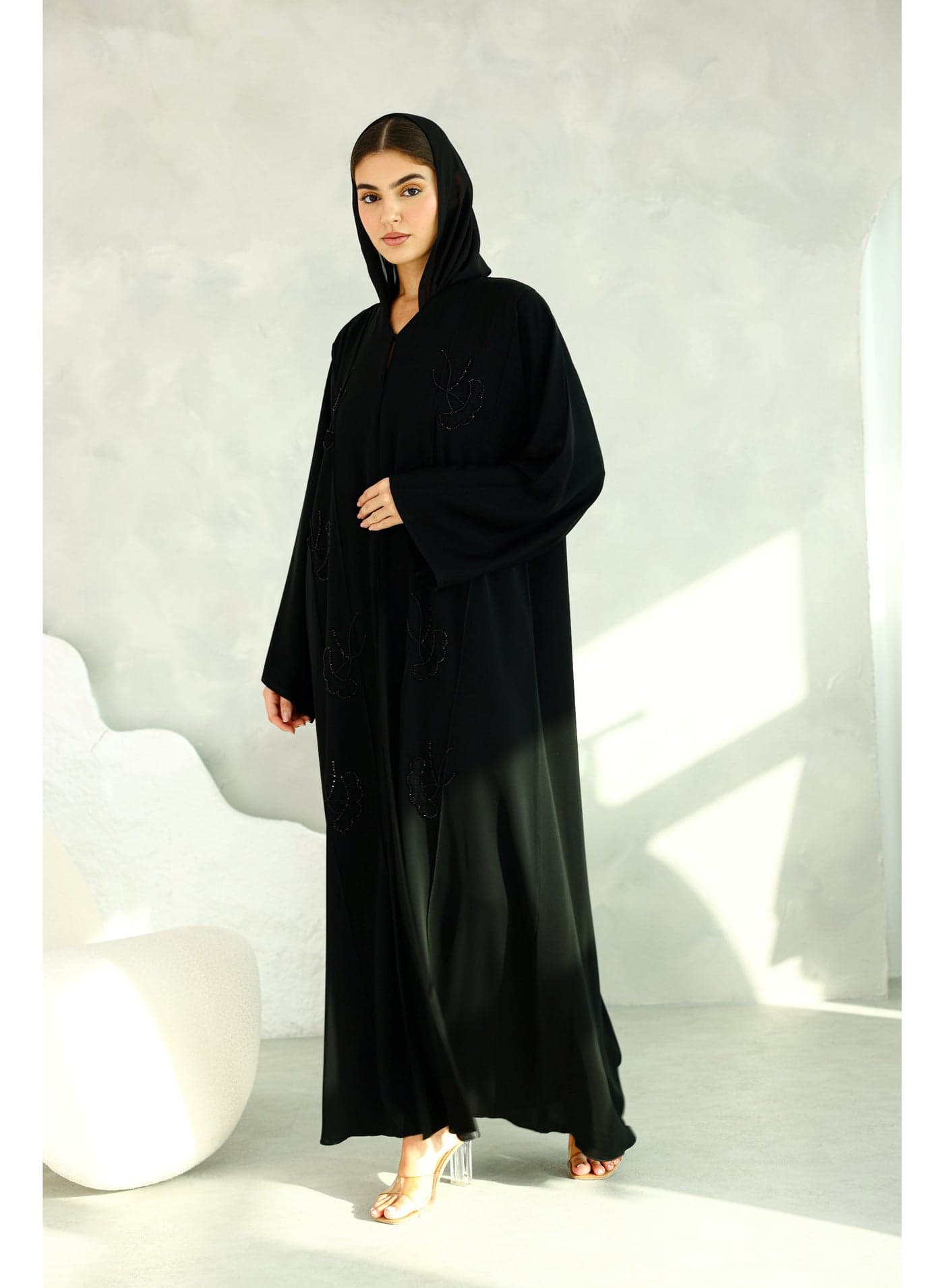 Solid Black Embroidery Beaded Abaya