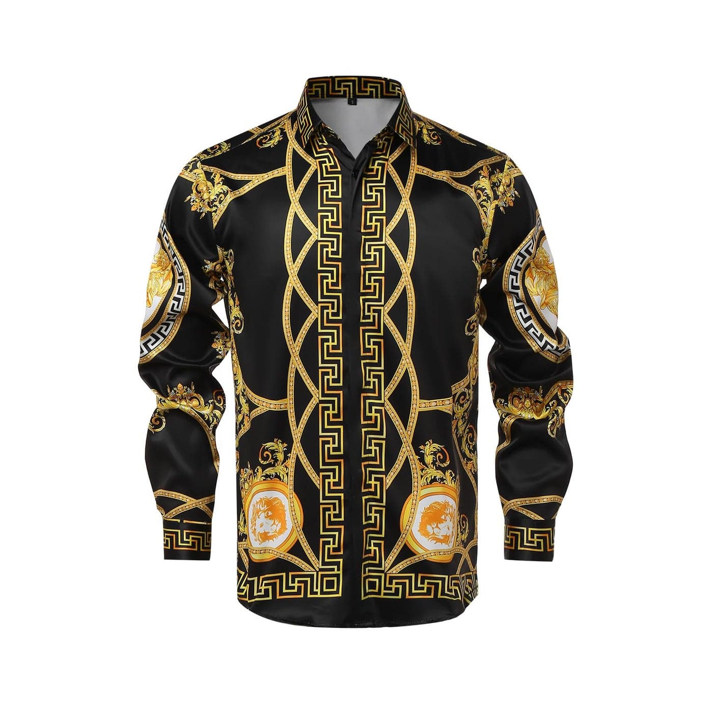 Mens Luxury Brand Printed Silk Like Satin Button Down Dress Shirt for Party Prom Long Sleeve Slim Fit Floral Nightclub Shirt