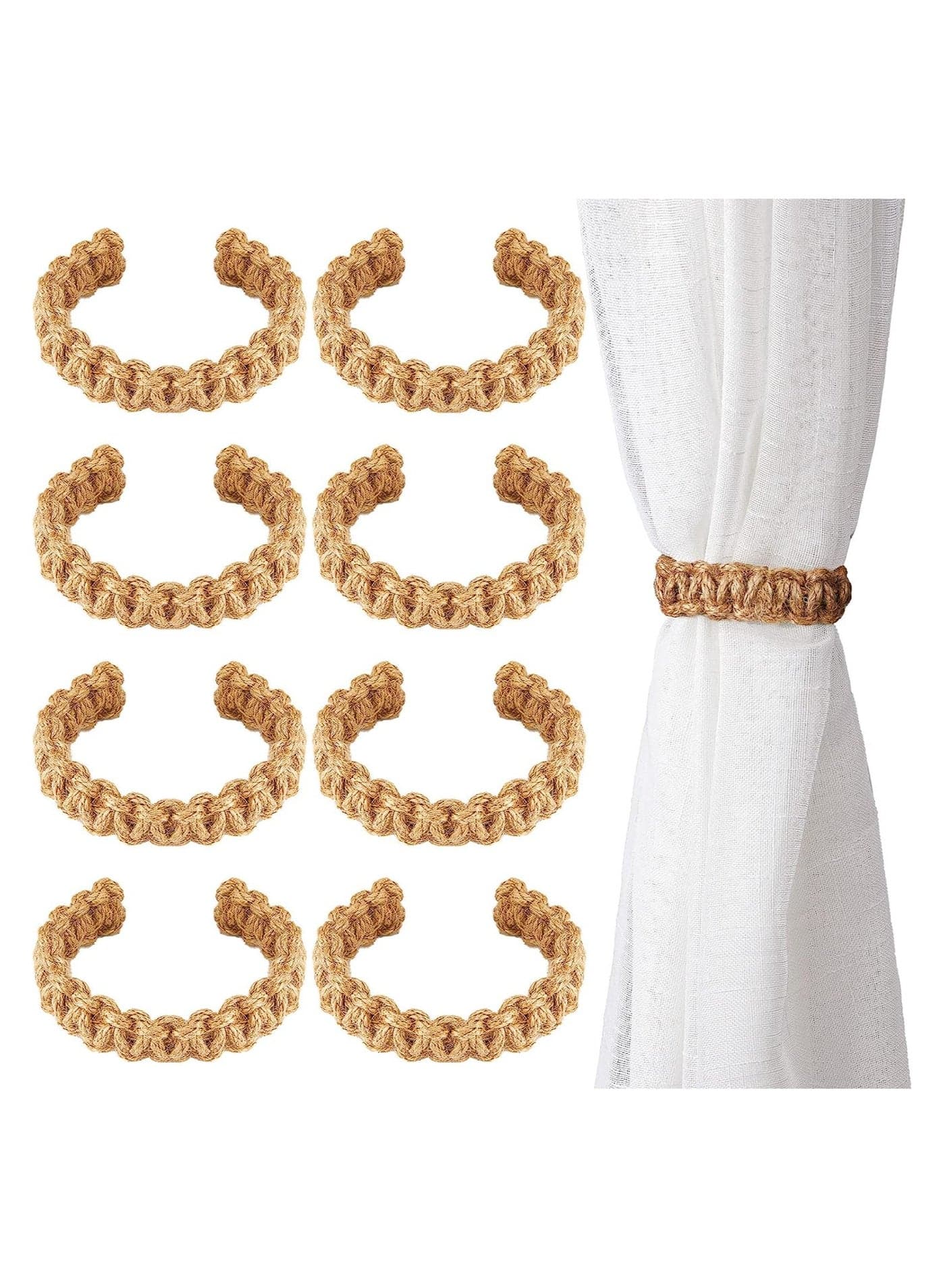 Braided Adjustable Curtain Holdbacks, Flexible Rope Curtain Tie Farmhouse Rustic Design, Handmade Curtain Tiebacks for Home Decorations, 8 Pack