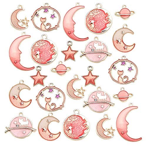 24 Pcs Assorted Gold Plated Enamel Cat Moon Star Celestial Charm Pendant DIY for Earrings Necklace Bracelet Jewelry Making and Crafting M609Pink