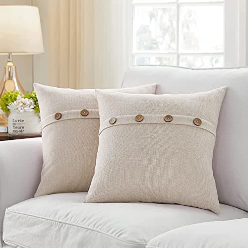 Khooti Decorative Jute Square Cushion Cover with Buttons Throw Pillow Cover Boho Design for Living Room Couch Sofa, Modern 24 x 24 Inches / 60 x 60 cm (Color - Light Linen)(Set of 3 Pieces)