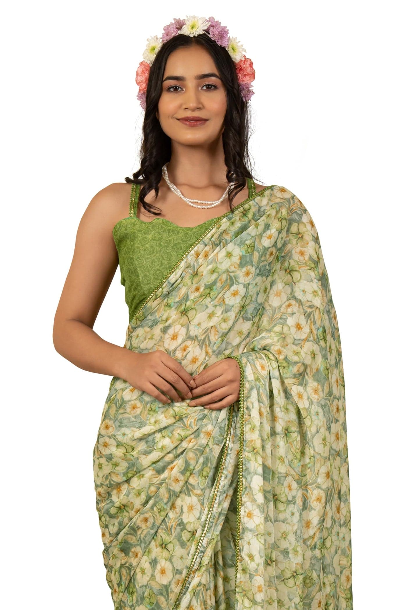 MIRCHI FASHION Women's Chiffon Floral Printed Saree with Blouse Piece (44117 - Olive Green, Cream, Orange)