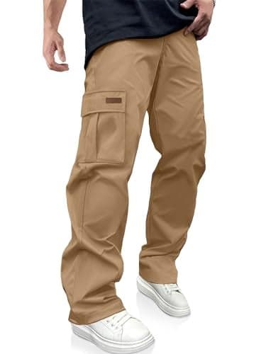 PLEPAN Men's Casual Cargo Pants Drawstring Hiking Pants Workout Tactical Joggers Sweatpants for Men Dark Khaki X-Large