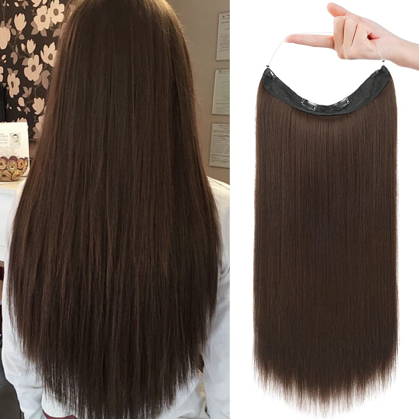 REECHO Invisible Wire Hair Extensions with Transparent Headband Adjustable Size Removable Secure Clips in Straight Secret Hairpiece for Women 20 Inch Pack of 1 Dark Chocolate Brown