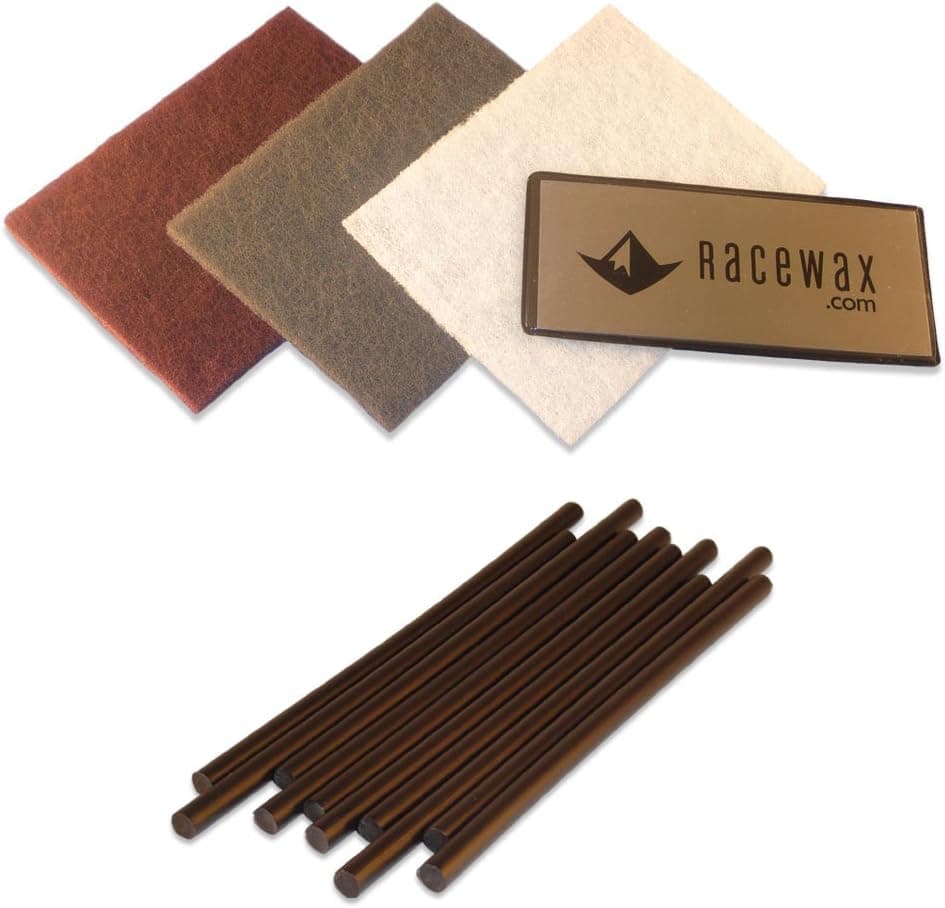 RaceWax Ski P-Tex Base Repair Kit with 10 Black P-Tex Rods, Metal Scraper, and 3 Buffing Pads