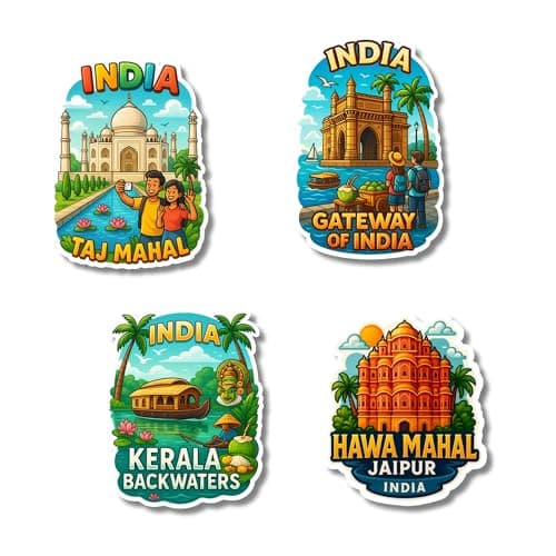 Regalo Casila India Tourist Spot Fridge Magnet Set of 4 Featuring Taj Mahal Gateway of India Kerala Backwaters and Hawa Mahal Ideal Travel Souvenir Gift for Friends Family Teachers Kids Tourists