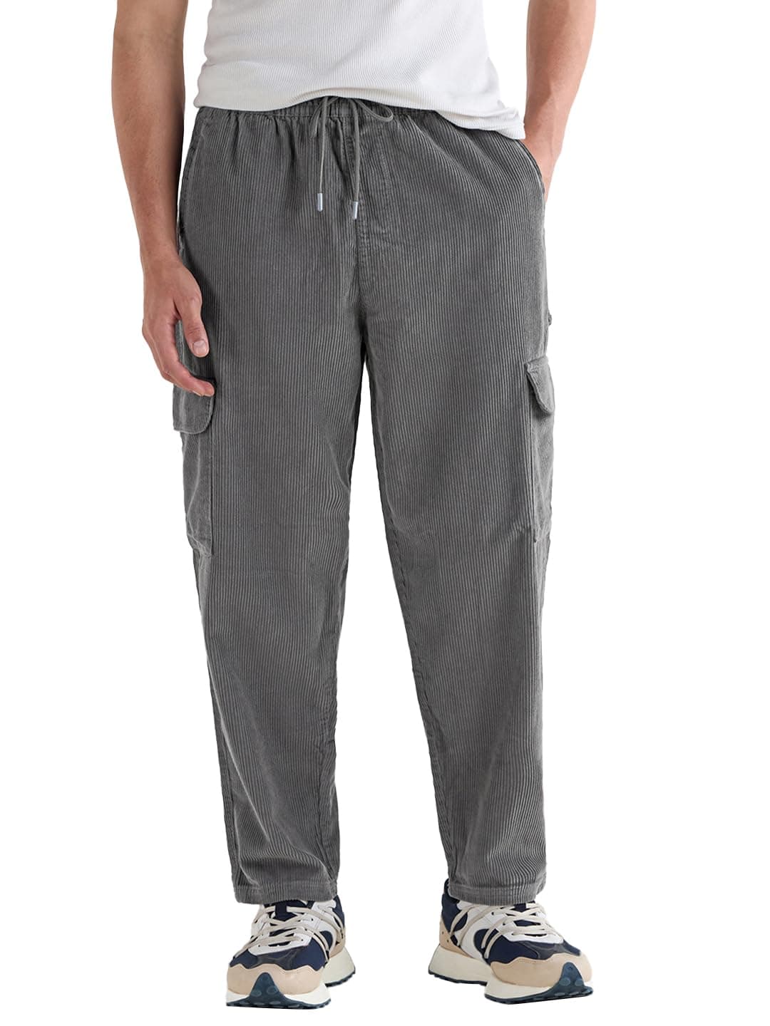 Bewakoof Men's Solid Tapered Fit Corduroy Japanese Cargo Carpenter Pant_628746_Grey_32