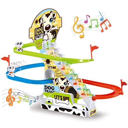 Dalmatian Racer Climbing Stairs Slide Toy Spotty Dog Race Track Puppy Chasing Roller Coaster Game Set with LED Lights and Music for Toddlers Kids