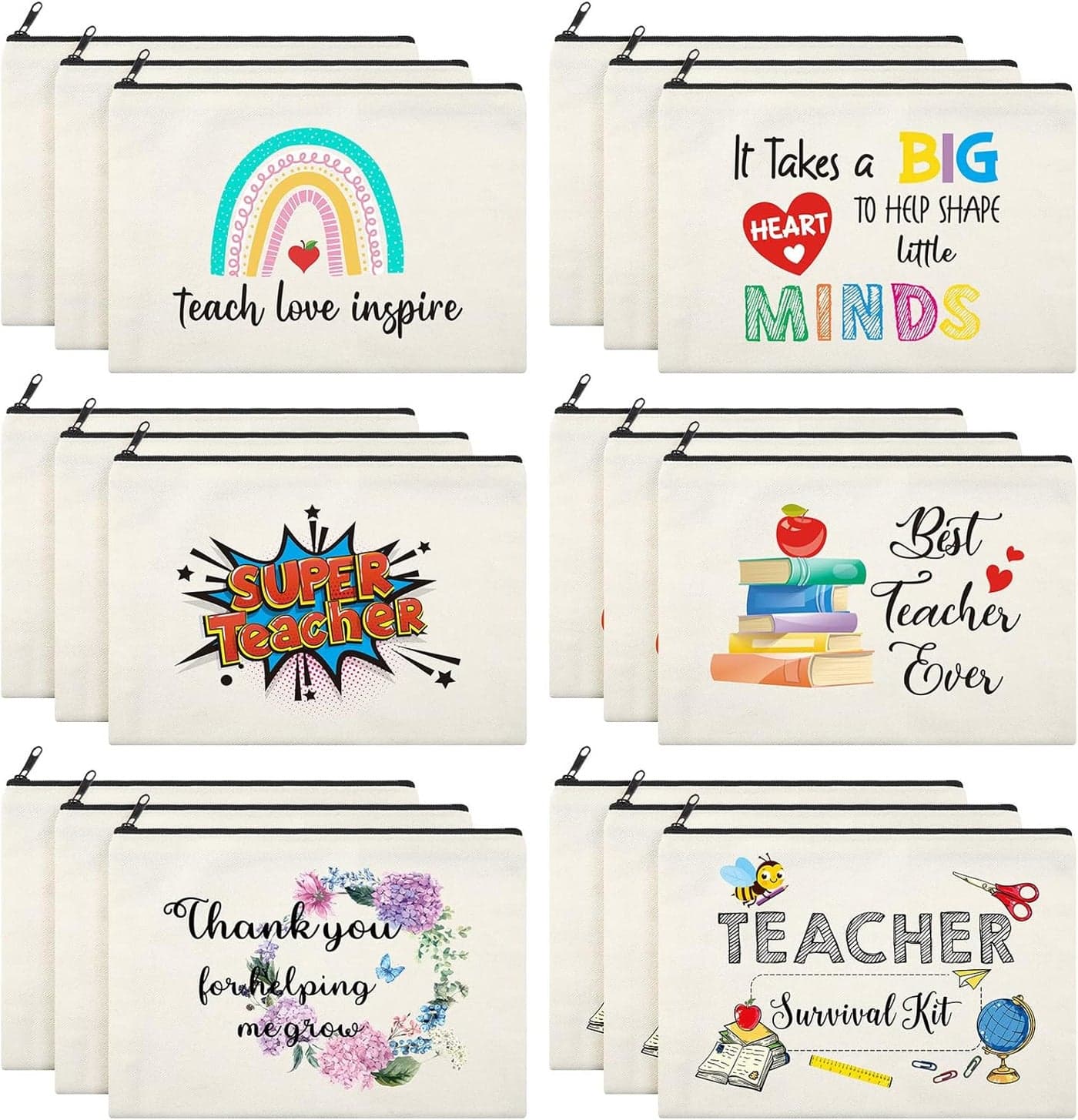 Saintrygo 18 Pcs Teacher Makeup Bags Teacher Appreciation Gifts Bulk for Women 6 Styles Teacher Canvas Travel Toiletry with Zipper for Teacher's Day Graduation Back to School Christmas(Cute)