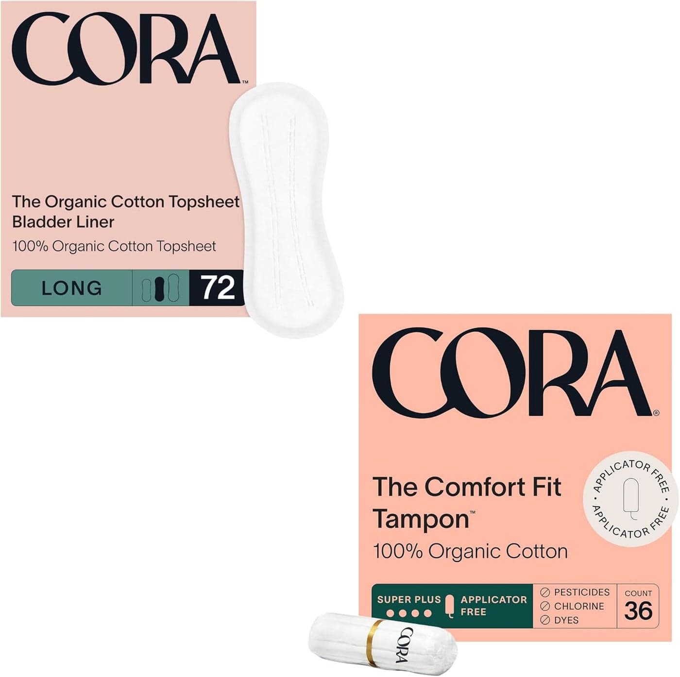 Cora Organic Feminine Care 72 Long Bladder Liners Incontinence Postpartum Pads and 36S NonApplicator Tampon Pack UltraAbsorbent Unscented Natural NonToxic Bundle Pack