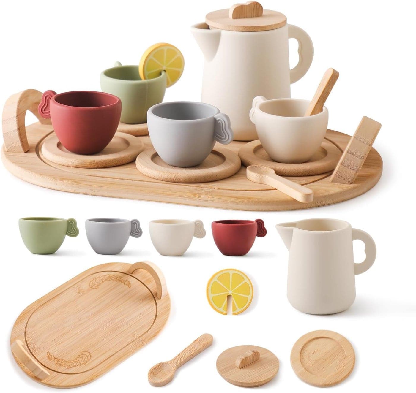 ANVIE & ABEER® Tea Party Set for Kids, Wooden & Silicon Tea Set and Boys, Kids Play Kitchen Accessories Toy for Toddler, Pretend Play Toddler Tea Set Ideal Christmas Birthday Gift