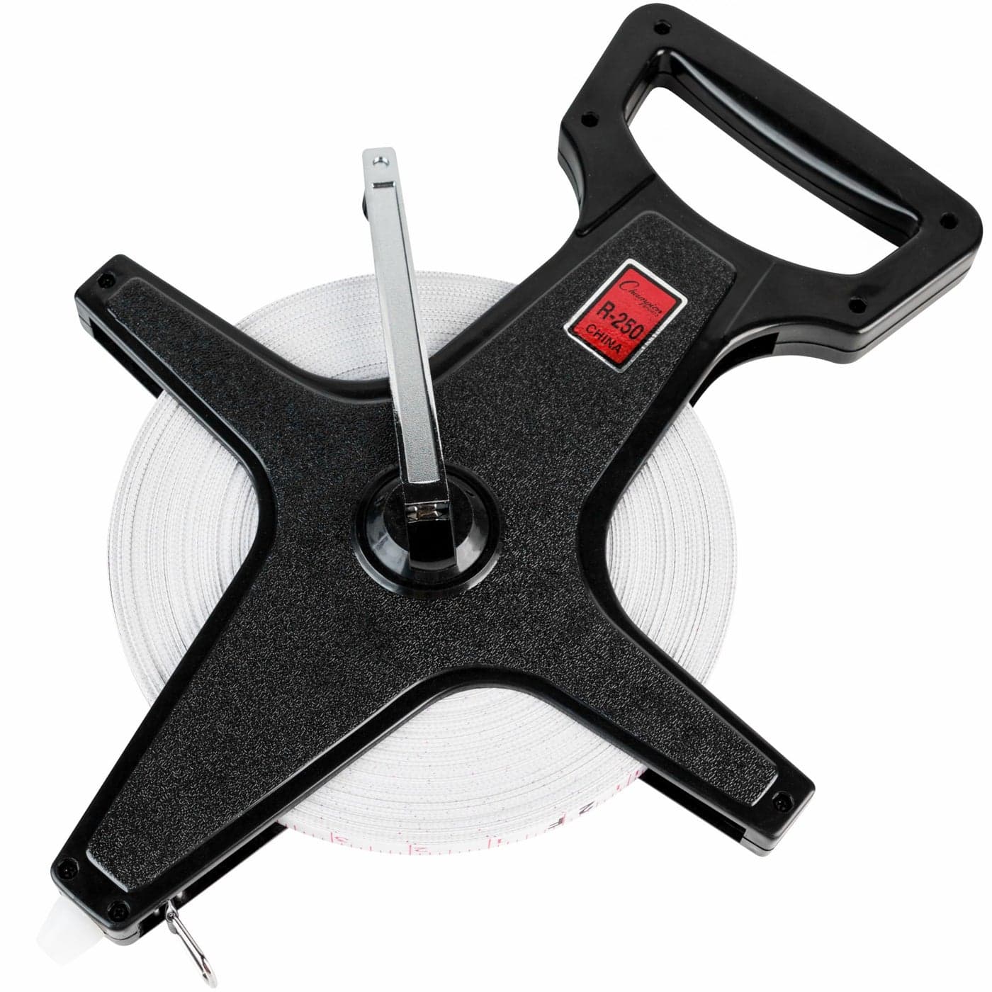 Champion Sports Open Reel Measure Tape 250 ft 75 Meters with Metal Spike Hand Crank Open Tape Measure for Track and Field Long Jump Durable DualSided Measuring Reel with Feet and Meters