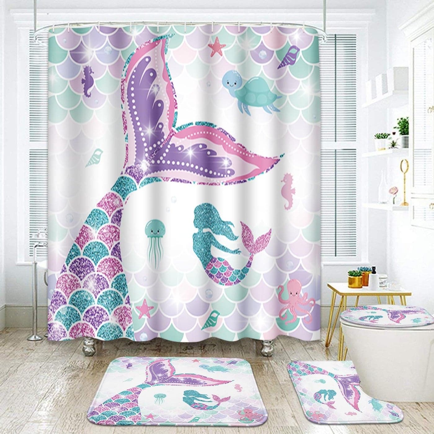 ArtSocket Pink Mermaid Tail Scales Bathroom Set with Shower Curtain and Rugs Accessories Sea Turtle Seahorse Octopus Conch Shower Curtain Set Cute Summer Bathroom Decor 4 Pcs