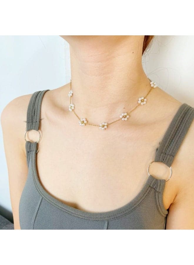 Daisy Imitation Pearl Necklace for Women, 18K Gold Plated Stainless Steel, Non-Tarnish Flower Choker, Elegant Birthday Gift, Trendy Jewelry