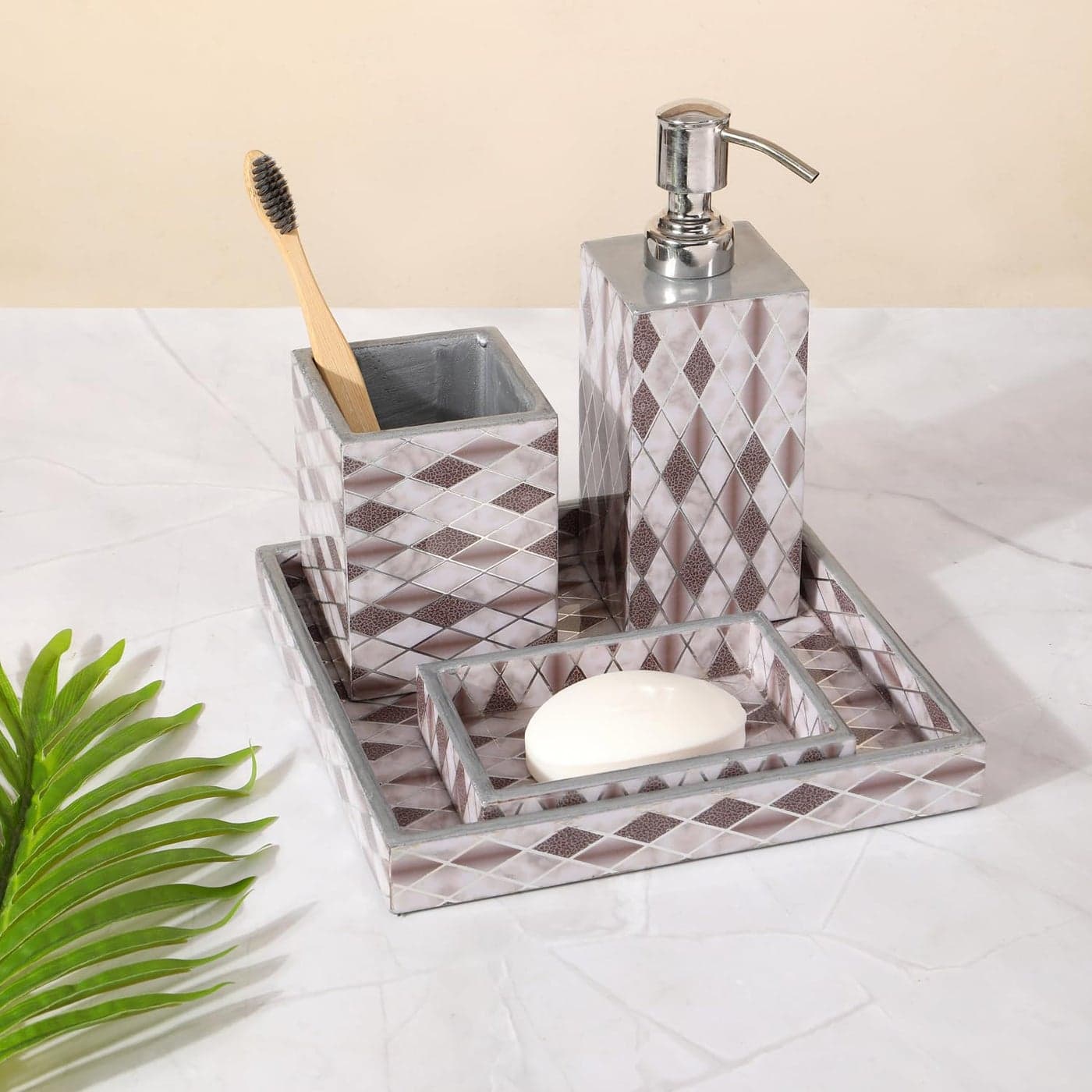 The Home CO MDF Wood Bathroom Accessories Set of 4 Modern Bath Set with Soap Dispenser Tumbler Towel Tray Soap Dish Holder Pack of 4 Bathroom Essential Set Barfi