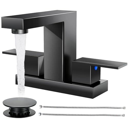 Cobbe Bathroom Faucets for Sink 3 Hole, Matte Black Bathroom Sink Faucet Square 4 Inch Centerset with Pop-Up Drain, 2 Handle and 2 Supply Hoses, Lead-Free Stainless Steel for Vanity, Rv, Farmhouse