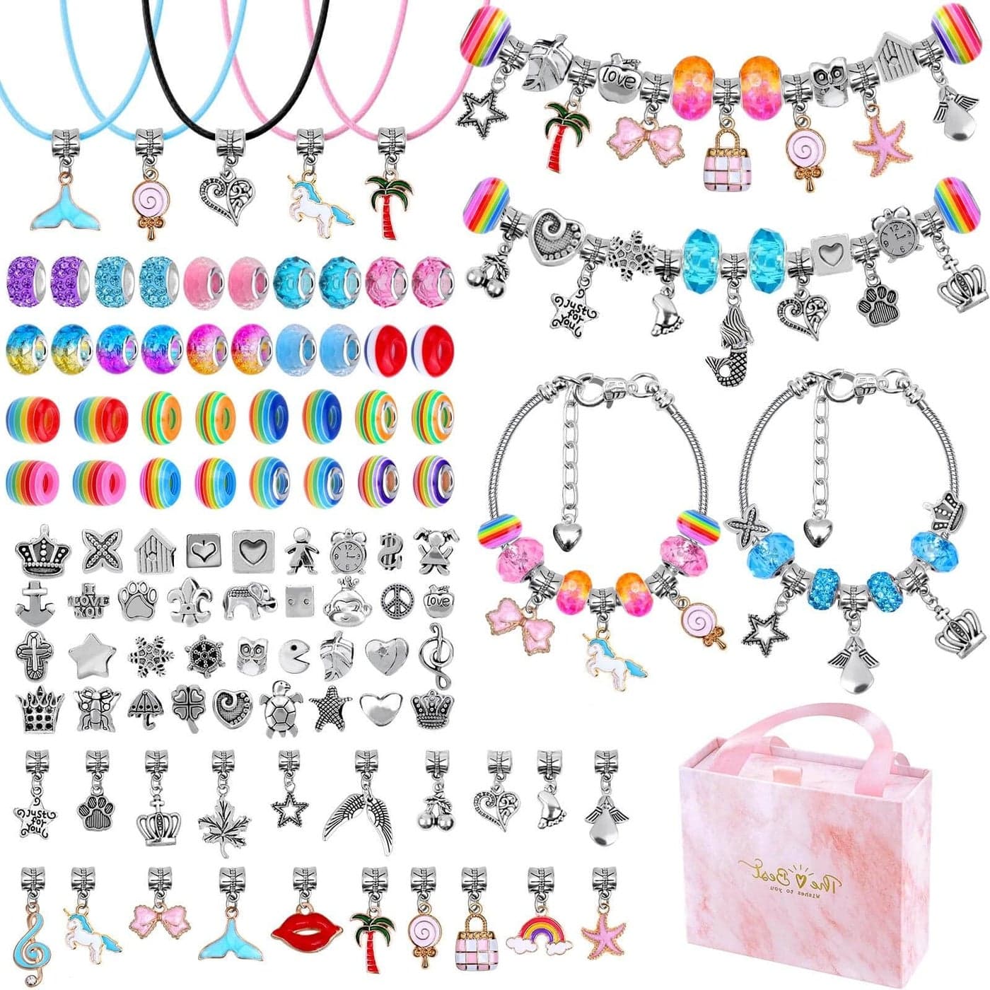 Caffox 102 Pcs Charms Bracelet Making Kit Necklace kit for Jewellery Making DIY Girls Jewellery with Flat Beads Arts and Crafts Sets as Bracelets for Girls and Christmas