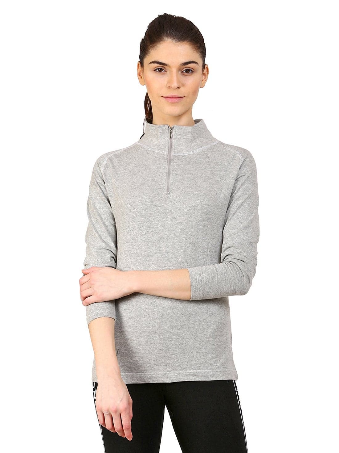 Ap'pulse Women's 1/4 Zip Slimfit Raglan Sleeve Tshirt (330_GMel_Medium)