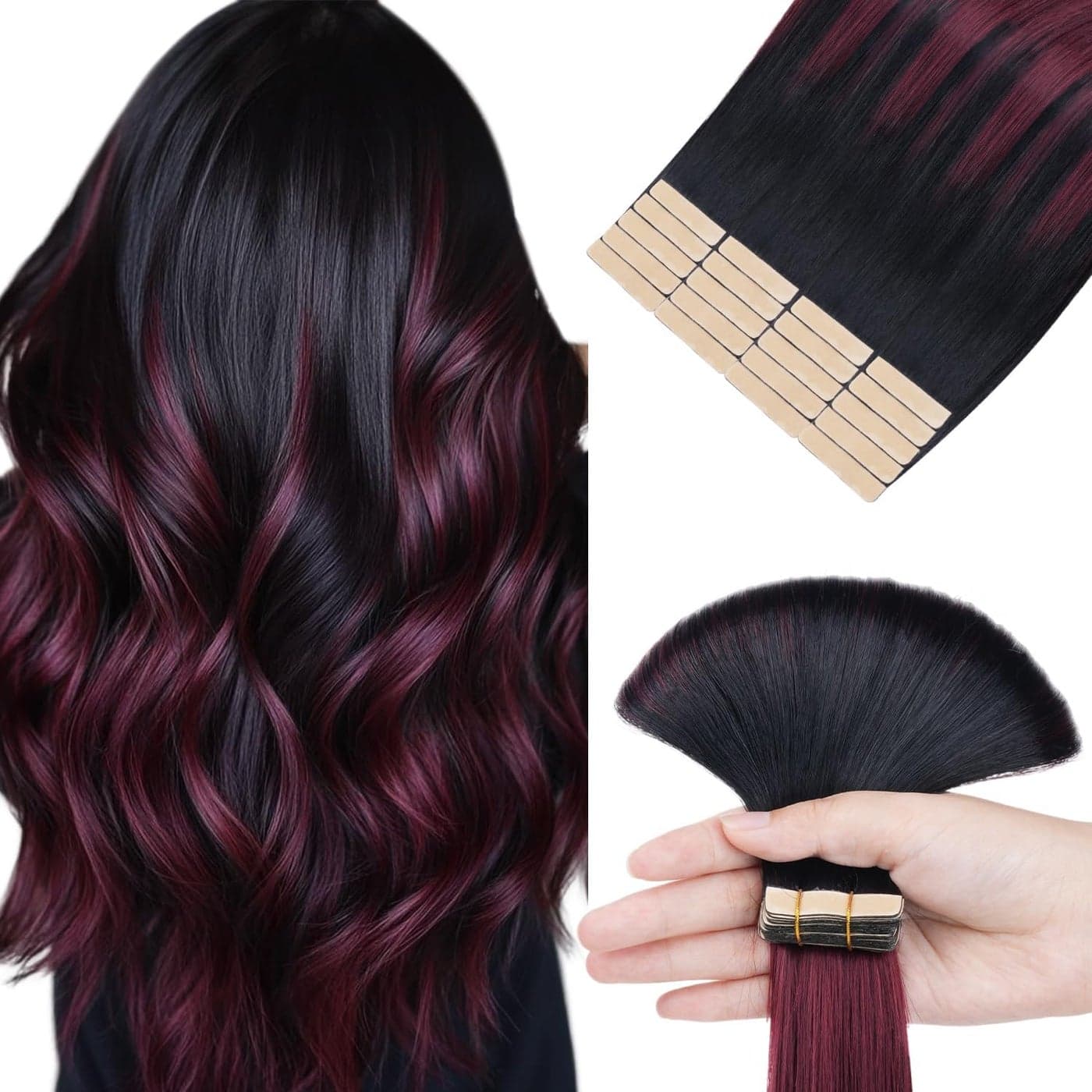 hotbanana Tape in Hair Extensions 16 Inch Human Hair 20pcs 50g Jet Black to Burgundy Tape Hair Extensions Straight Remy Human Hair Tape in Extensions
