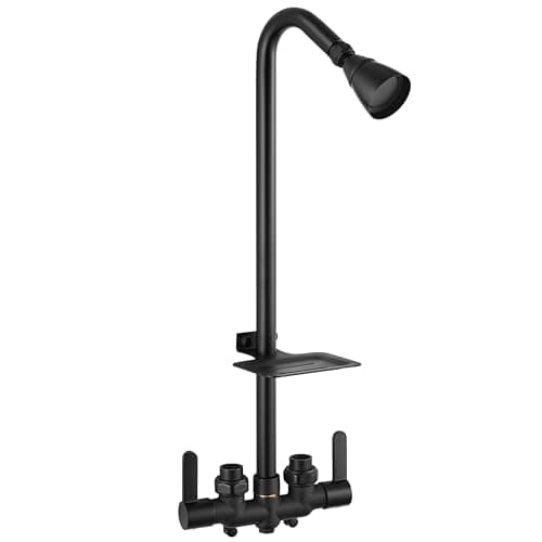Aolemi Outdoor Shower Fixtures,Outdoor Shower Kit Faucet System 3 Inch Center with Brass Showerhead,2 Handle Exposed Shower with Brass Mix Valve,with Soap Dish,Pipe Upward,Matte Black