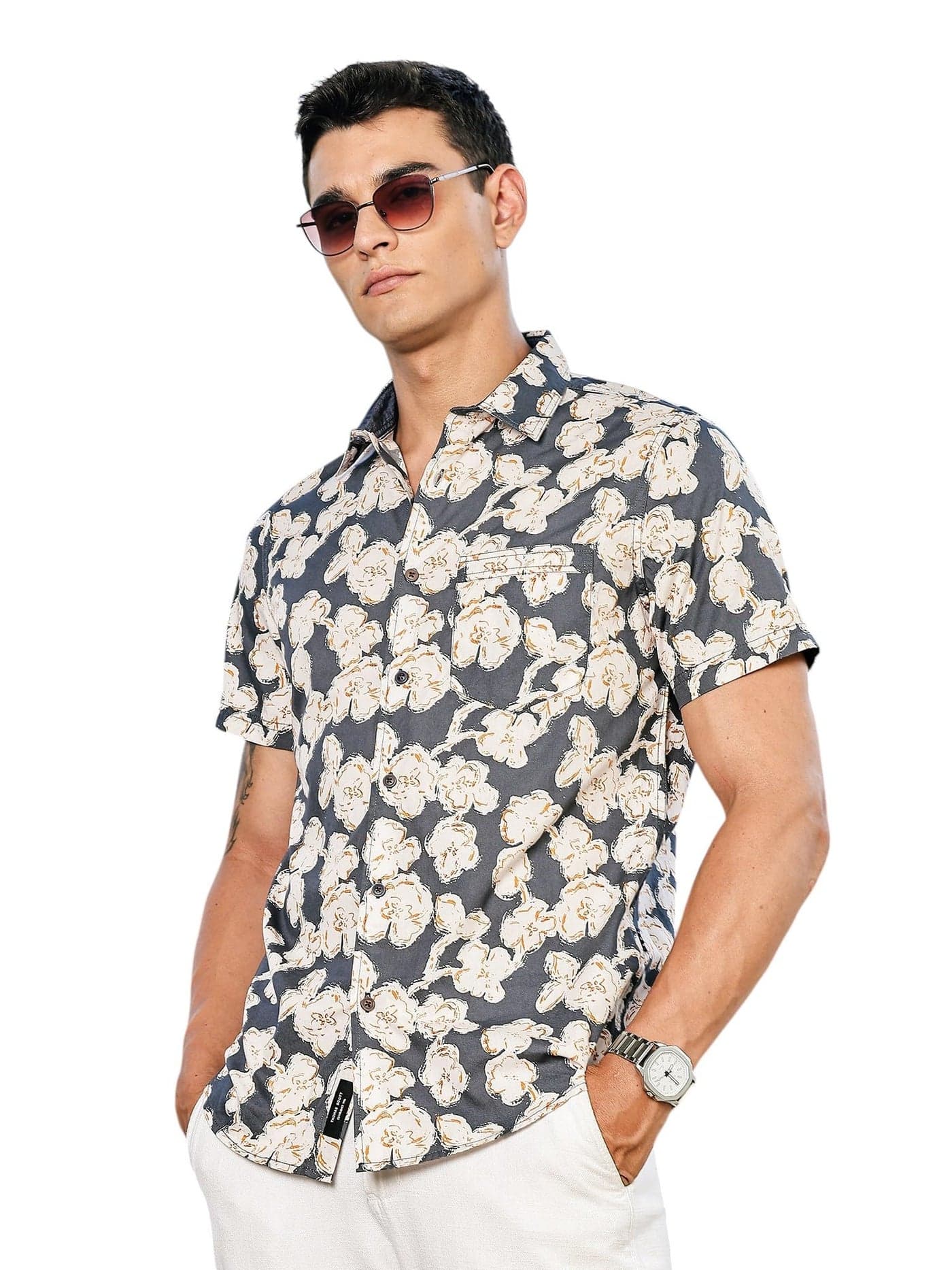Thomas Scott Men's | All Over Printed | Spread Collar | 100% Cotton | Short Sleeve | Shirts for Men (Available in Plus Size) Grey