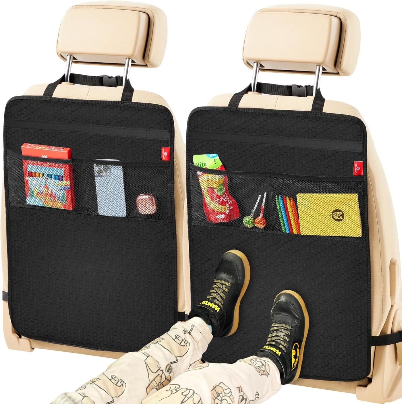Helteko Back Seat Protector for Car 2 Pack Premium Kick Mats for Kids Extra Large Car Seat Cover for Backseat with Mesh Pockets Waterproof Dirt Mud Protection Travel Accessories