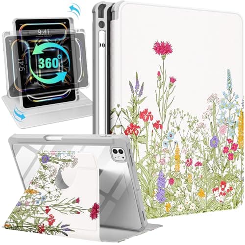 Kidcube for iPad Pro 11 Inch Case M4 2024 5th Generation - for Women Girls Cute Folio Cover with Pencil Holder Girly Flower Floral Design Rotating Stand Pretty for iPad Pro 11'' Case 2024 M4 5th Gen