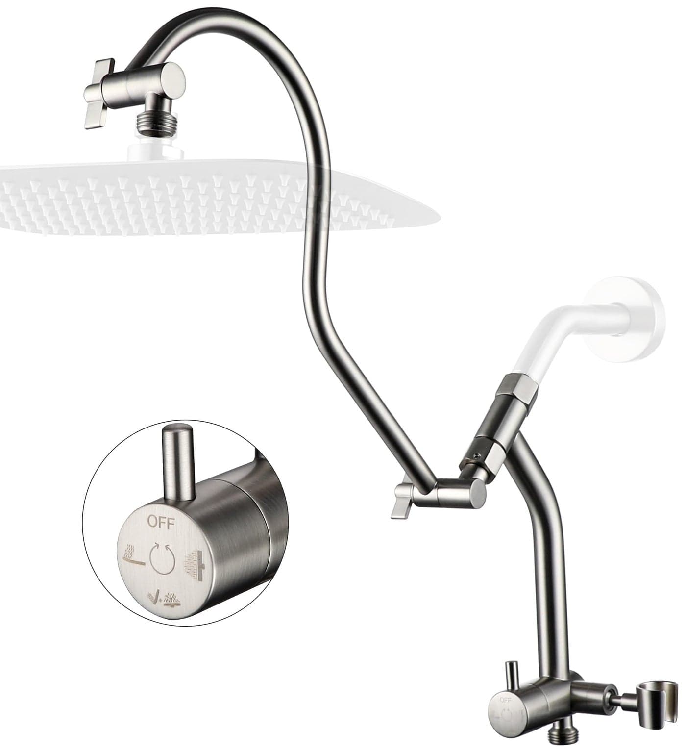 GPromise All Metal Shower Diverter with Low Handheld Holder and 13 Inch Curved Adjustable Shower Head Extension Arm 3Way Diverter Valve with Pause Mode Brushed Nickel