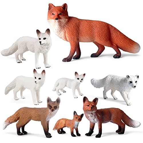 SIENON 8Pcs Fox Toy Figures Set Miniature Arctic and Red Foxes Family Forest Woodland Animals Figurines Toys for Kids Educational Winter Diorama Christmas Birthday Party Gift Cake Decorations