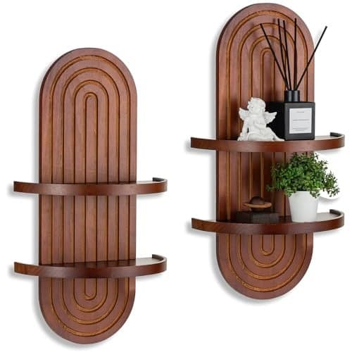 Walasis Mid Century Wall Shelves with Ledge: 22inch Large 2-Tier Walnut Boho Floating Shelves Arched Modern Wall Decor for Bathroom Bedroom Living Room Entryway