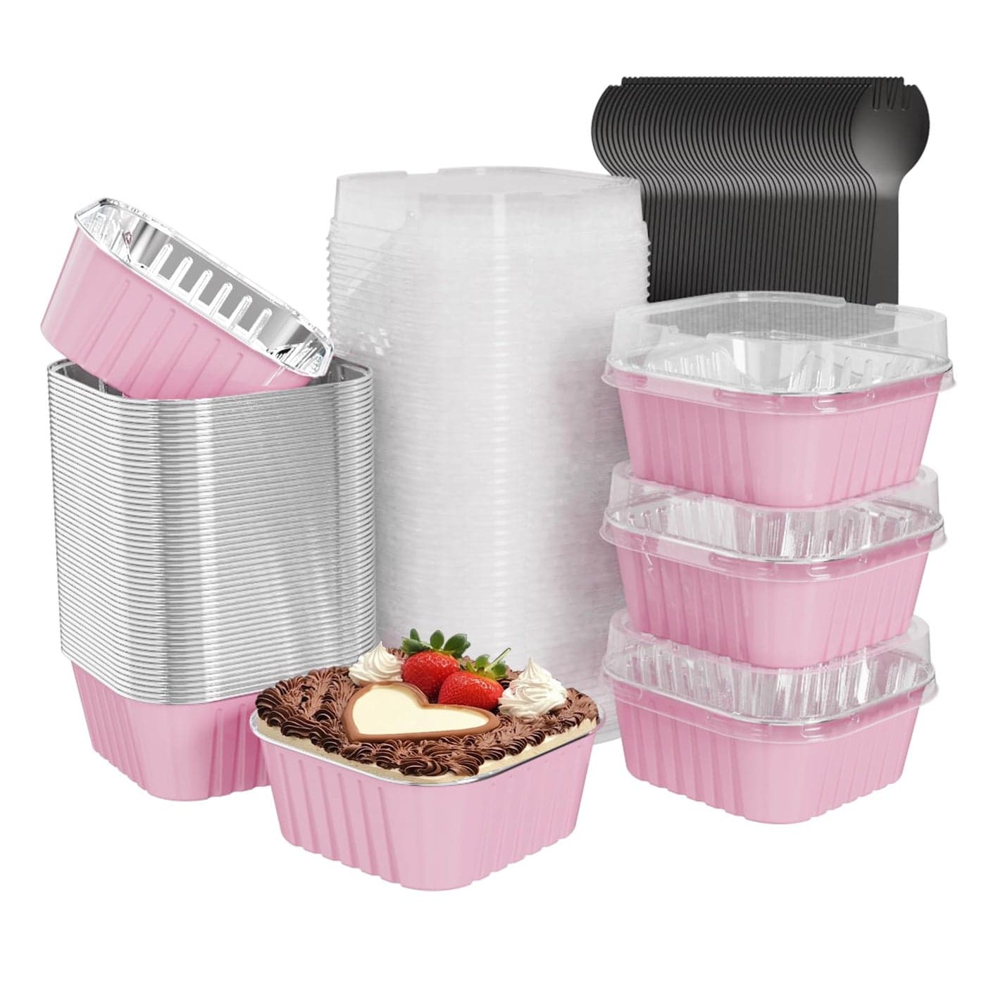 Ksmxos 50 Pack Square Mini Cake Pans with LidsMini Loaf Pans with LidsAluminum Foil Baking CupsDisposable Ramekins Cupcake CupsDessert Cups for Wedding Birthday Party Picnics5oz Pink