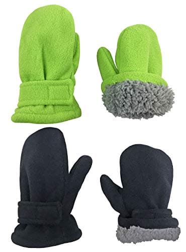 N'Ice Caps Baby Toddler Mittens Kids 2 Pairs Fleece Gloves Winter Warm Sherpa Lined (Black/Neon Green, 2-3 Years)