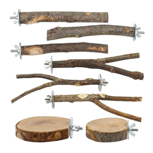 8Piece Set Natural Wood Bird Perches Wooden Parrot Stand with Fork Toys Hanging MultiBranch Platform Hammock Swing Suitable for Parakeets Budgies Durable Pet Bird Accessories