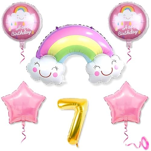 Mystic Toy Store 7th Rainbow Balloons for Birthday Decoration Kit Multicolour 7 year Baby Boys Girls Kids 5 Pcs Rainbow Theme Foil Balloons Decoration Set Items 2 Pcs Pink Star