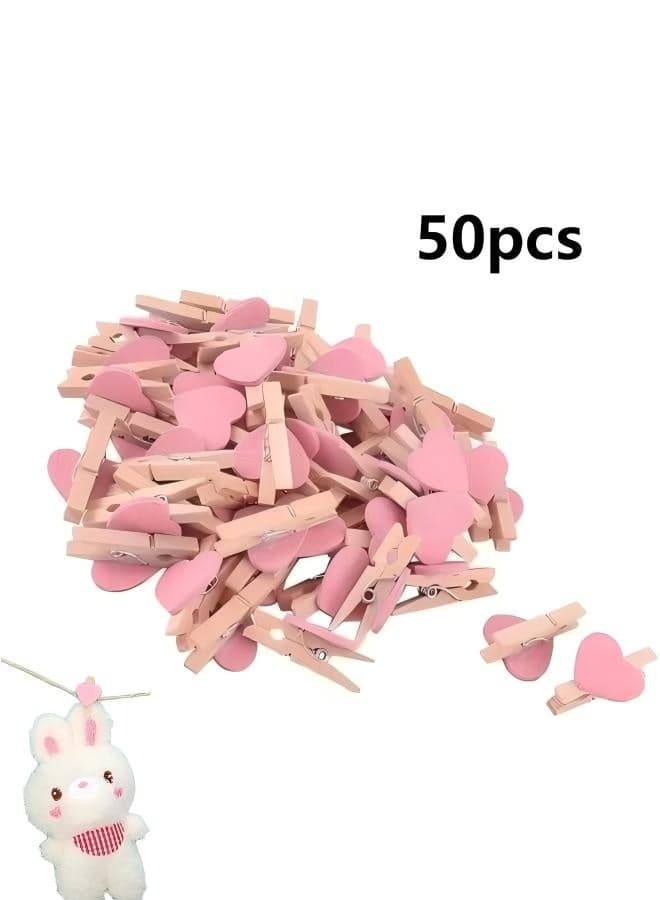 50-Piece Pink Heart Shape Wooden Photo Clips,Mini Clothes Pins for Photo Art Crafts, Home Office Supply