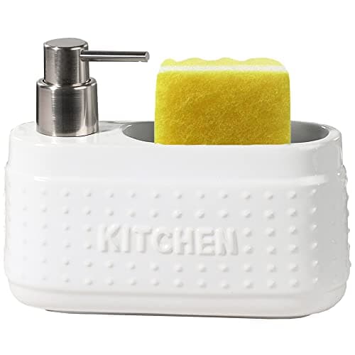 White Dish Detergent Dispenser for Kitchen Sink.Ceramic Dishwashing Liquid Dispenser with Sponge Holder -21 oz Large Capacity
